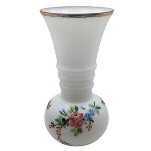 Vintage Milk Glass Ball Vase Hand Painted Floral Gold Trim Ribbed Neck MCM